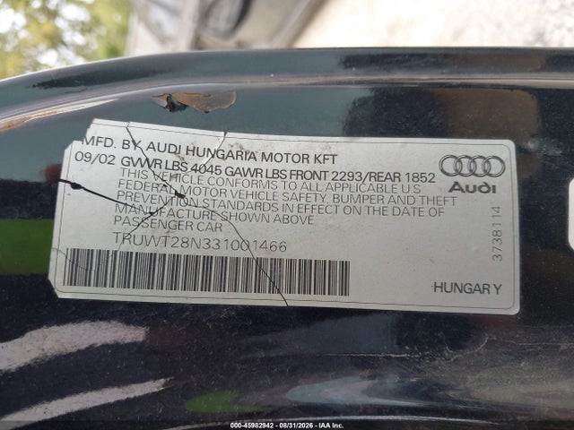 45982942 :رقم المزاد ، TRUWT28N331001466 vin ، 2003 Audi Tt 1.8l مزاد بيع
