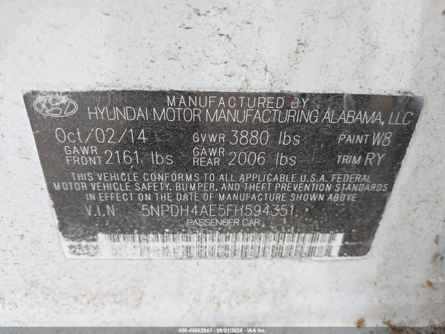 45982943 :رقم المزاد ، 5NPDH4AE5FH594351 vin ، 2015 Hyundai Elantra Se مزاد بيع