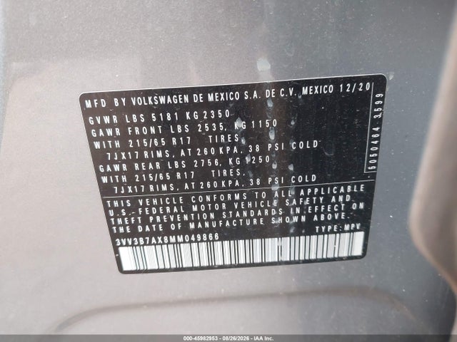 45982953 :رقم المزاد ، 3VV3B7AX8MM049866 vin ، 2021 Volkswagen Tiguan 2.0t Se/2.0t Se R-line Black/2.0t Sel مزاد بيع