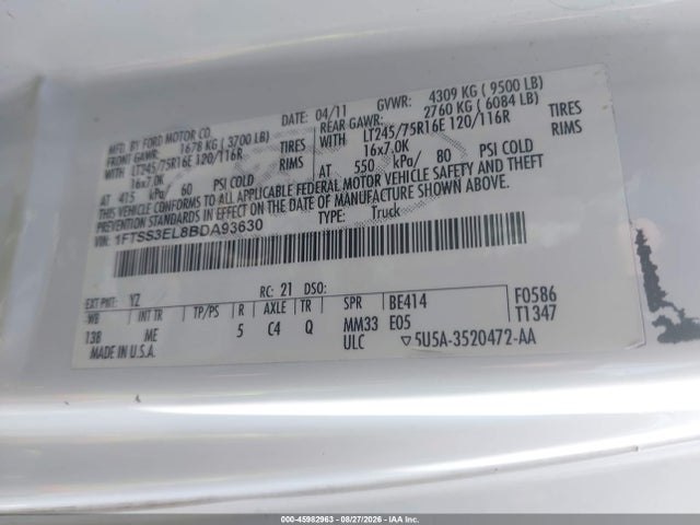 Продажа на аукционе авто 2011 Ford E-350 Super Duty Commercial, vin: 1FTSS3EL8BDA93630, номер лота: 45982963