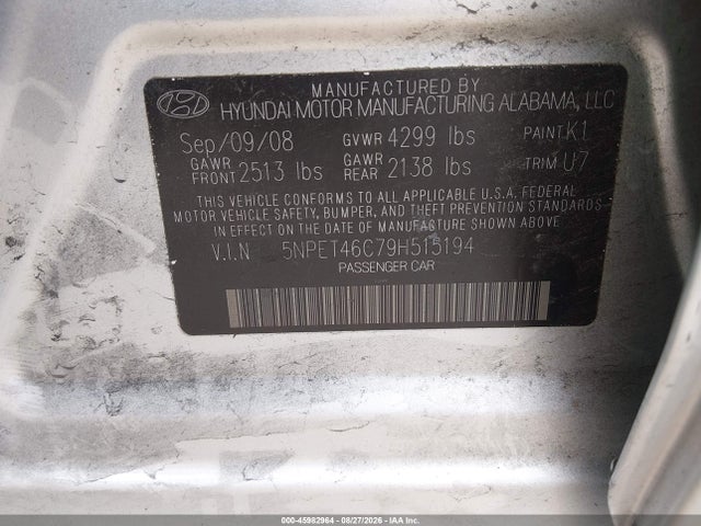 Продажа на аукционе авто 2009 Hyundai Sonata Gls, vin: 5NPET46C79H515194, номер лота: 45982964