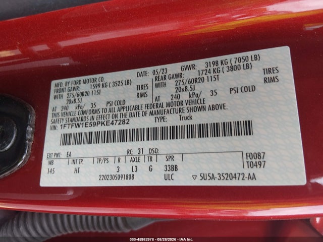 2023 Ford F-150 Lariat მანქანა იყიდება აუქციონზე, vin: 1FTFW1E59PKE47282, აუქციონის ნომერი: 45982978