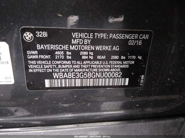 Продаж на аукціоні авто 2016 Bmw 328i Xdrive, vin: WBA8E3G58GNU00082, номер лоту: 45982987
