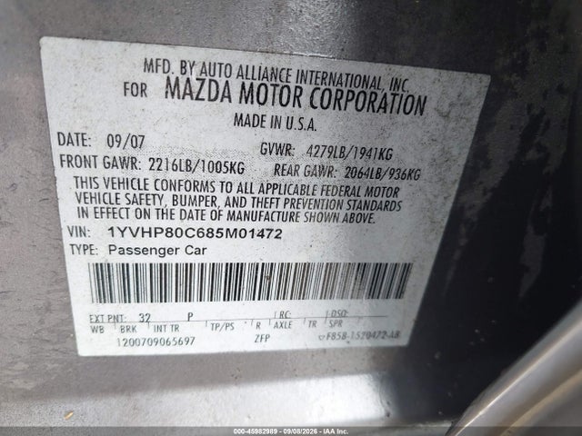Aukcja sprzedaży 2008 Mazda Mazda6 I Sport Ve, vin: 1YVHP80C685M01472, numer aukcji: 45982989
