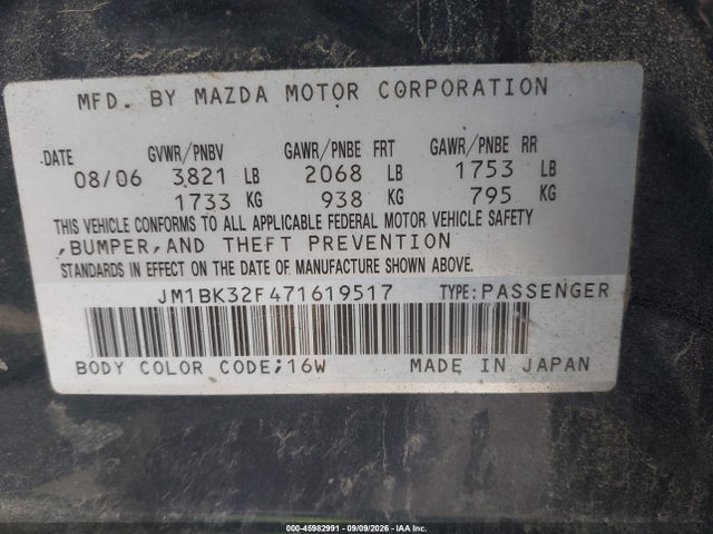 2007 Mazda Mazda3 I მანქანა იყიდება აუქციონზე, vin: JM1BK32F471619517, აუქციონის ნომერი: 45982991