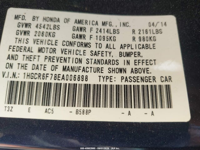 Auction sale of the 2014 Honda Accord Hybrid Touring, vin: 1HGCR6F78EA006898, lot number: 45982995