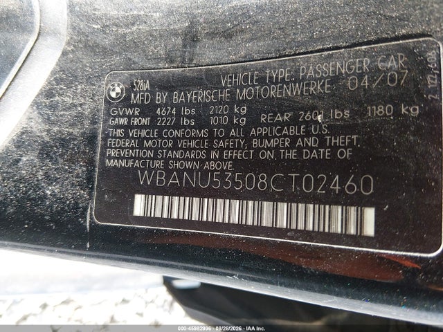 45982996 :رقم المزاد ، WBANU53508CT02460 vin ، 2008 Bmw 528i مزاد بيع