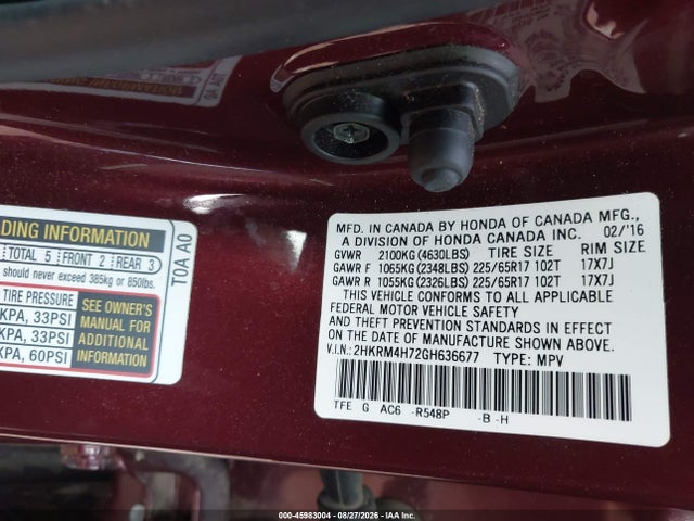 Продажа на аукционе авто 2016 Honda Cr-v Ex-l, vin: 2HKRM4H72GH636677, номер лота: 45983004