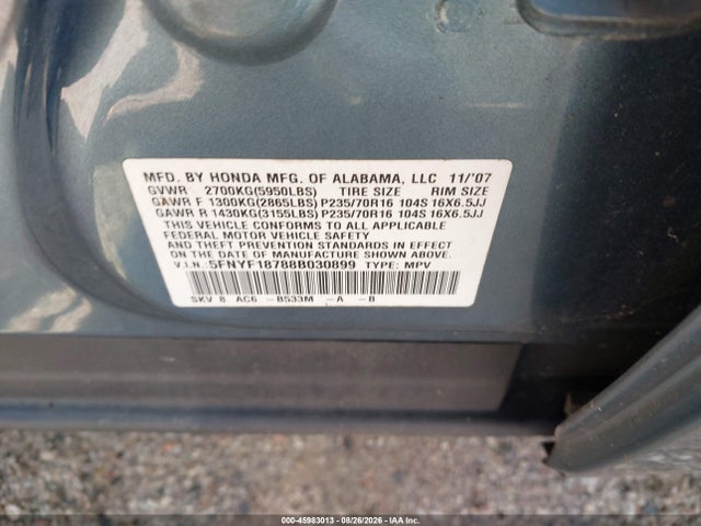 2008 Honda Pilot Ex-l მანქანა იყიდება აუქციონზე, vin: 5FNYF18788B030899, აუქციონის ნომერი: 45983013