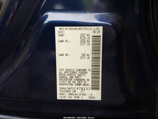 2018 Nissan Altima 2.5 Sr მანქანა იყიდება აუქციონზე, vin: 1N4AL3AP1JC476112, აუქციონის ნომერი: 45983024