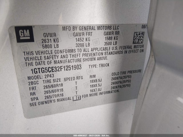 Продажа на аукционе авто 2015 Gmc Canyon Slt, vin: 1GTG5CE32F1251903, номер лота: 45983027