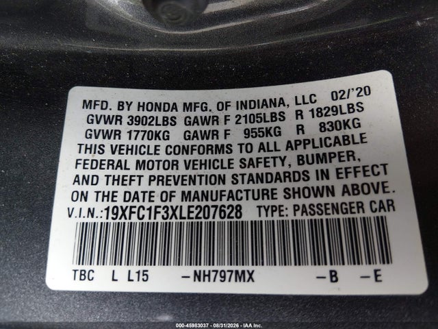 45983037 :رقم المزاد ، 19XFC1F3XLE207628 vin ، 2020 Honda Civic Ex مزاد بيع
