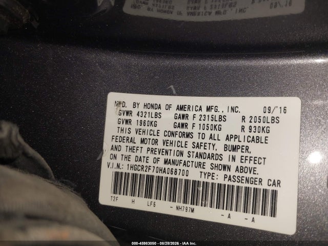 Продаж на аукціоні авто 2017 Honda Accord Ex, vin: 1HGCR2F70HA068700, номер лоту: 45983050