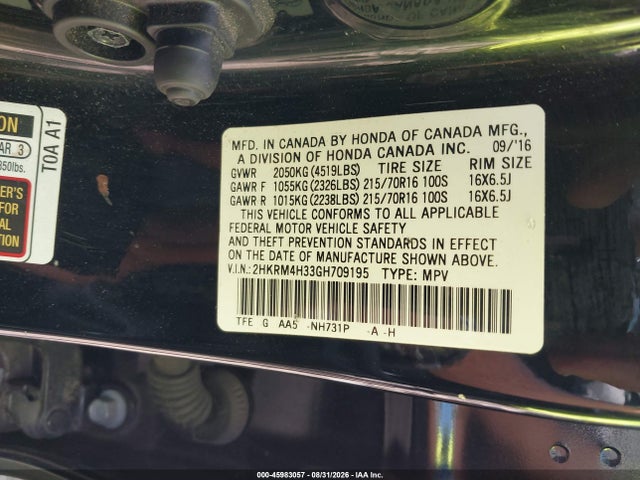 45983057 :رقم المزاد ، 2HKRM4H33GH709195 vin ، 2016 Honda Cr-v Lx مزاد بيع