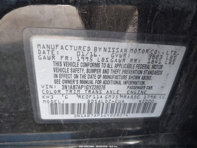 2016 Nissan Sentra Sv მანქანა იყიდება აუქციონზე, vin: 3N1AB7AP1GY228076, აუქციონის ნომერი: 45983068