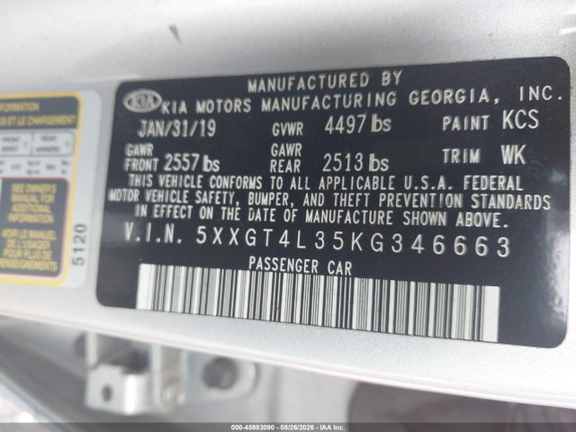 Aukcja sprzedaży 2019 Kia Optima Lx, vin: 5XXGT4L35KG346663, numer aukcji: 45983090
