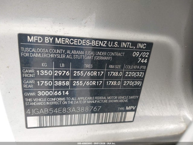 Aukcja sprzedaży 2003 Mercedes-benz Ml 320, vin: 4JGAB54E83A388767, numer aukcji: 45983093