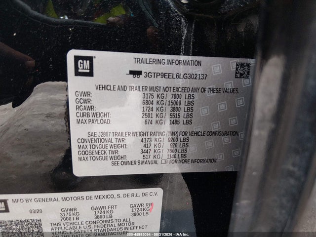 Aukcja sprzedaży 2020 Gmc Sierra 1500 4wd  Short Box At4, vin: 3GTP9EEL6LG302137, numer aukcji: 45983094