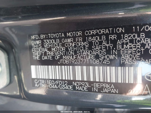 Aukcja sprzedaży 2007 Toyota Yaris, vin: JTDBT923771108745, numer aukcji: 45983109