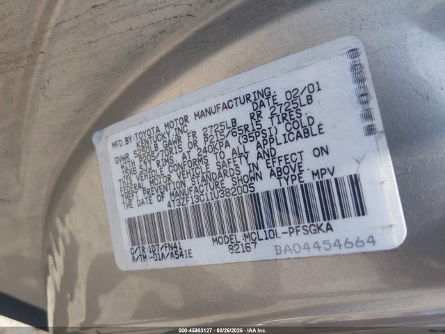 Aukcja sprzedaży 2001 Toyota Sienna Le, vin: 4T3ZF13C11U382005, numer aukcji: 45983127