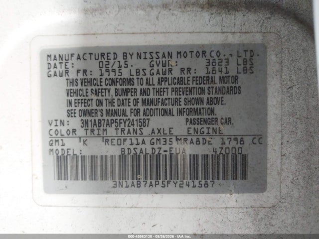 2015 Nissan Sentra Sv მანქანა იყიდება აუქციონზე, vin: 3N1AB7AP5FY241587, აუქციონის ნომერი: 45983130