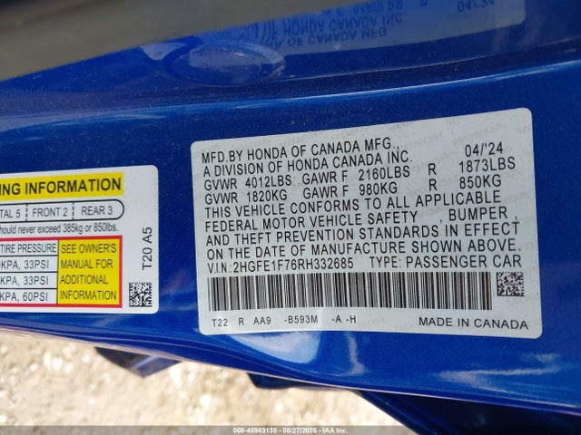 2024 Honda Civic Ex მანქანა იყიდება აუქციონზე, vin: 2HGFE1F76RH332685, აუქციონის ნომერი: 45983135