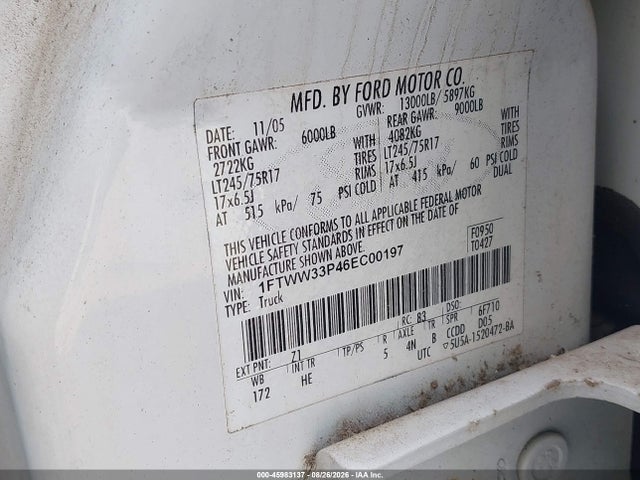2006 Ford F-350 მანქანა იყიდება აუქციონზე, vin: 1FTWW33P46EC00197, აუქციონის ნომერი: 45983137