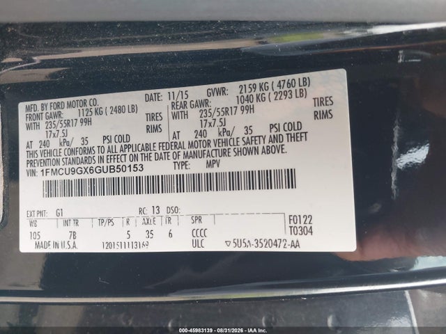 Продажа на аукционе авто 2016 Ford Escape Se, vin: 1FMCU9GX6GUB50153, номер лота: 45983139