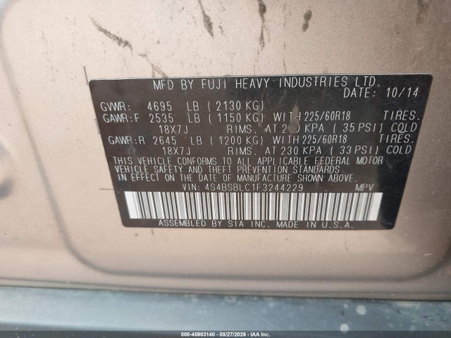 45983140 :رقم المزاد ، 4S4BSBLC1F3244229 vin ، 2015 Subaru Outback 2.5i Limited مزاد بيع