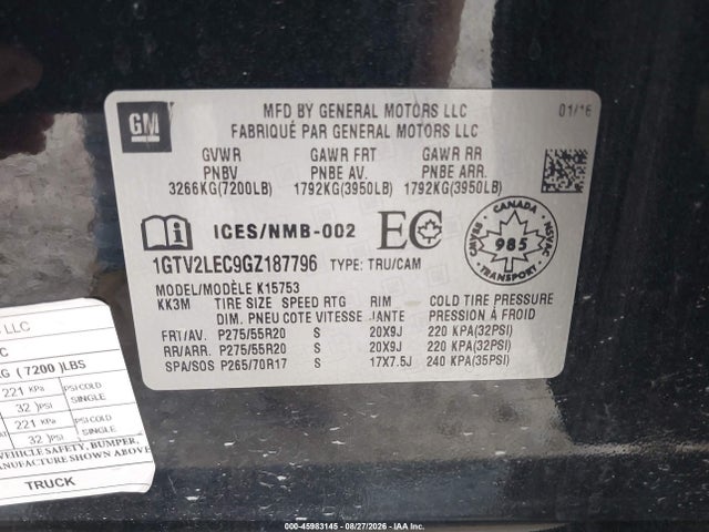 Aukcja sprzedaży 2016 Gmc Sierra 1500, vin: 1GTV2LEC9GZ187796, numer aukcji: 45983145