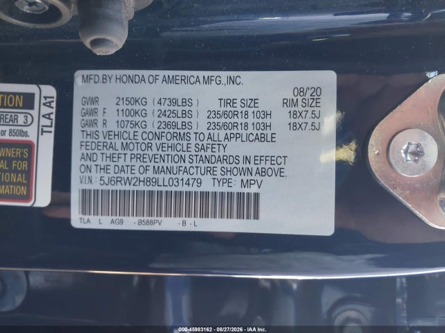 Продаж на аукціоні авто 2020 Honda Cr-v Awd Ex-l, vin: 5J6RW2H89LL031479, номер лоту: 45983162