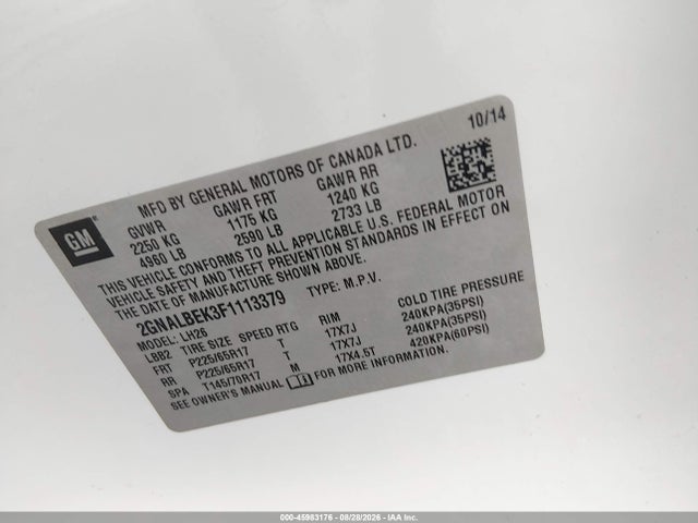 Chevrolet EQUINOX LT 2015 2GNALBEK3F1113379 Image 9