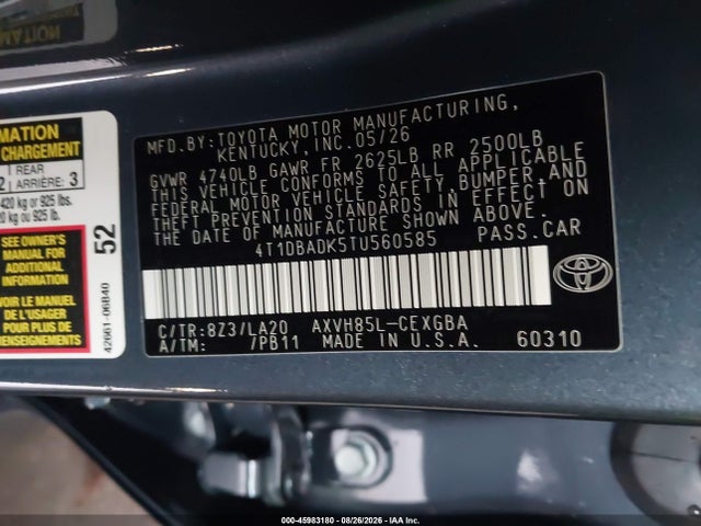 Aukcja sprzedaży 2026 Toyota Camry Xle, vin: 4T1DBADK5TU560585, numer aukcji: 45983180
