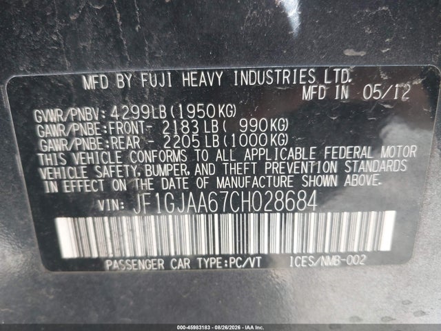 Продажа на аукционе авто 2012 Subaru Impreza 2.0i, vin: JF1GJAA67CH028684, номер лота: 45983183