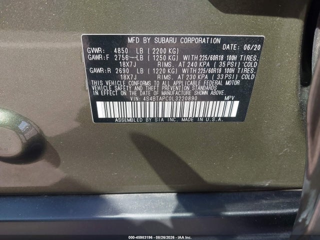 2020 Subaru Outback Touring მანქანა იყიდება აუქციონზე, vin: 4S4BTAPC0L3220890, აუქციონის ნომერი: 45983196
