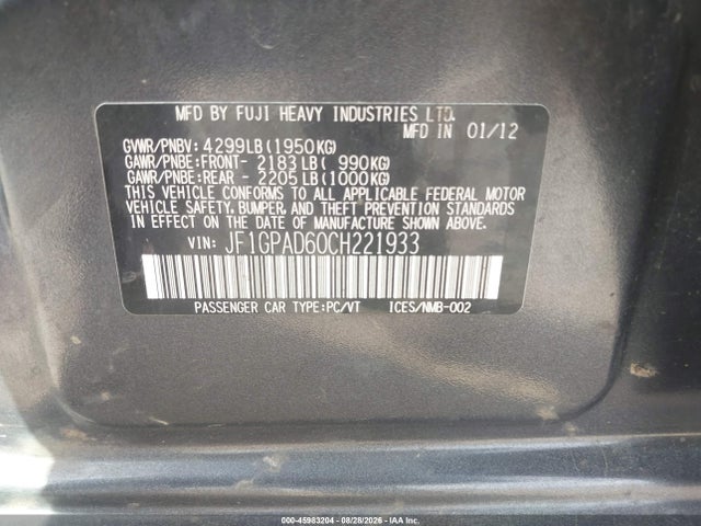 45983204 :رقم المزاد ، JF1GPAD60CH221933 vin ، 2012 Subaru Impreza 2.0i Premium مزاد بيع