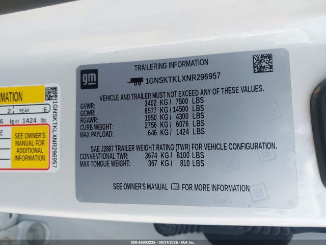 Продаж на аукціоні авто 2022 Chevrolet Tahoe 4wd High Country, vin: 1GNSKTKLXNR296957, номер лоту: 45983225