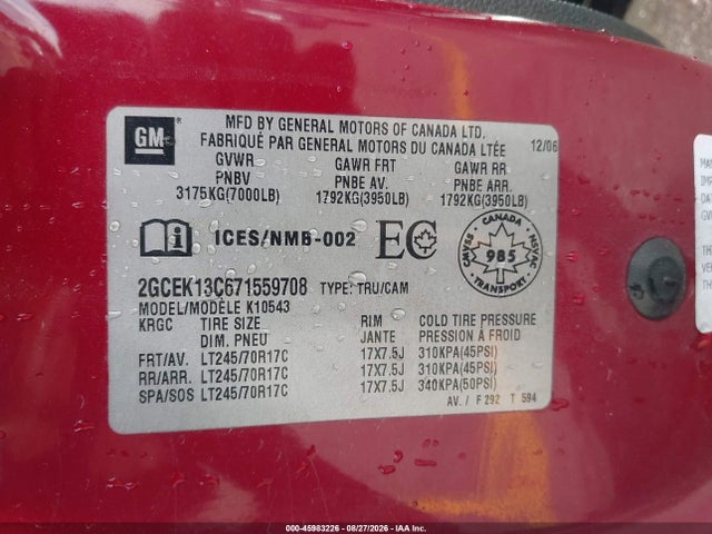 45983226 :رقم المزاد ، 2GCEK13C671559708 vin ، 2007 Chevrolet Silverado 1500 Ls/lt1/work Truck مزاد بيع