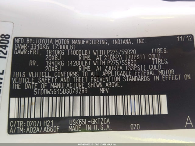 45983227 :رقم المزاد ، 5TDDW5G15DS079289 vin ، 2013 Toyota Sequoia Platinum 5.7l V8 مزاد بيع