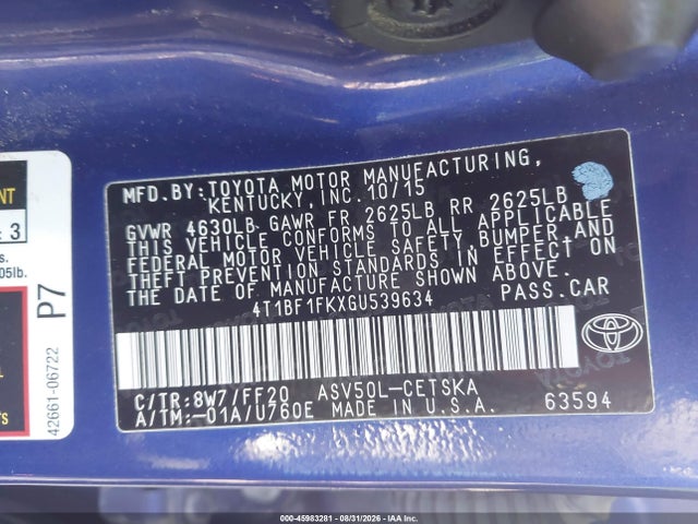 2016 Toyota Camry Se მანქანა იყიდება აუქციონზე, vin: 4T1BF1FKXGU539634, აუქციონის ნომერი: 45983281