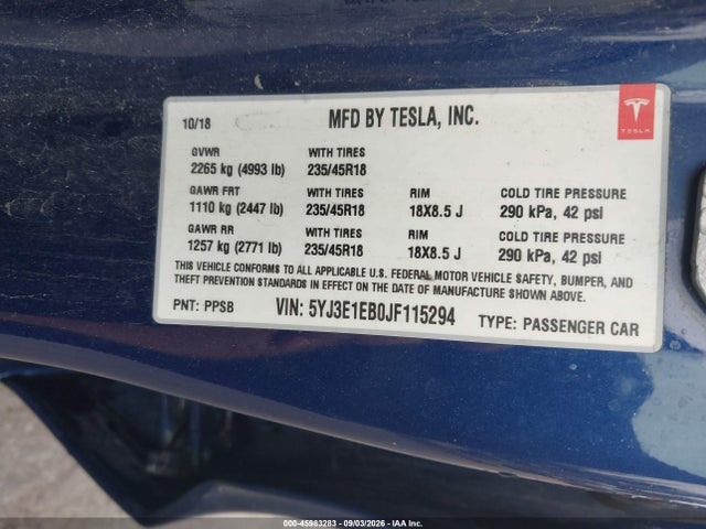 Tesla Model 3 Long Range/performance 2018 5YJ3E1EB0JF115294 Image 9