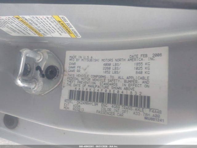 Продажа на аукционе авто 2008 Mitsubishi Eclipse Gs, vin: 4A3AK24F08E041832, номер лота: 45983301
