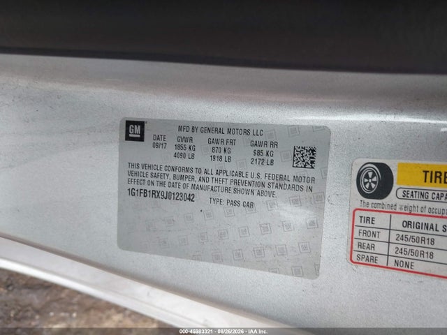 45983321 :رقم المزاد ، 1G1FB1RX9J0123042 vin ، 2018 Chevrolet Camaro 1lt مزاد بيع