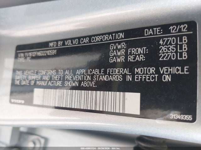 2013 Volvo S60 T5 მანქანა იყიდება აუქციონზე, vin: YV1612FH6D2210591, აუქციონის ნომერი: 45983324