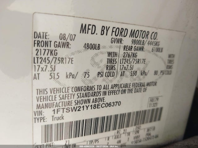 Продажа на аукционе авто 2008 Ford F-250 Fx4/harley-davidson/king Ranch/lariat/xl/xlt, vin: 1FTSW21Y18EC06370, номер лота: 45983328