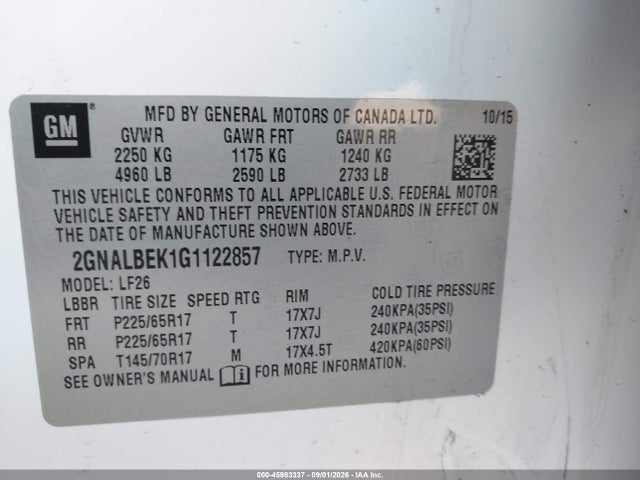Aukcja sprzedaży 2016 Chevrolet Equinox Ls, vin: 2GNALBEK1G1122857, numer aukcji: 45983337