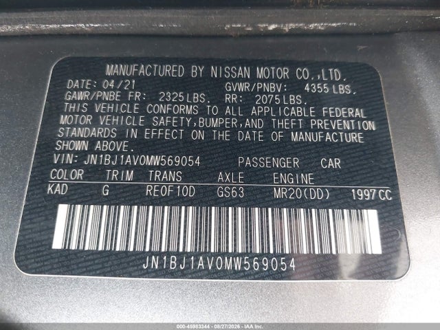 Aukcja sprzedaży 2021 Nissan Rogue Sport S Fwd Xtronic Cvt, vin: JN1BJ1AV0MW569054, numer aukcji: 45983344