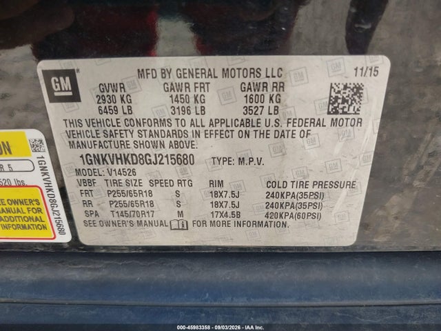 45983358 :رقم المزاد ، 1GNKVHKD8GJ215680 vin ، 2016 Chevrolet Traverse Lt مزاد بيع