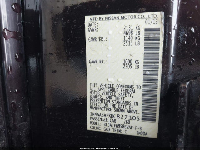 2013 Nissan Maxima 3.5 Sv მანქანა იყიდება აუქციონზე, vin: 1N4AA5APXDC827105, აუქციონის ნომერი: 45983365