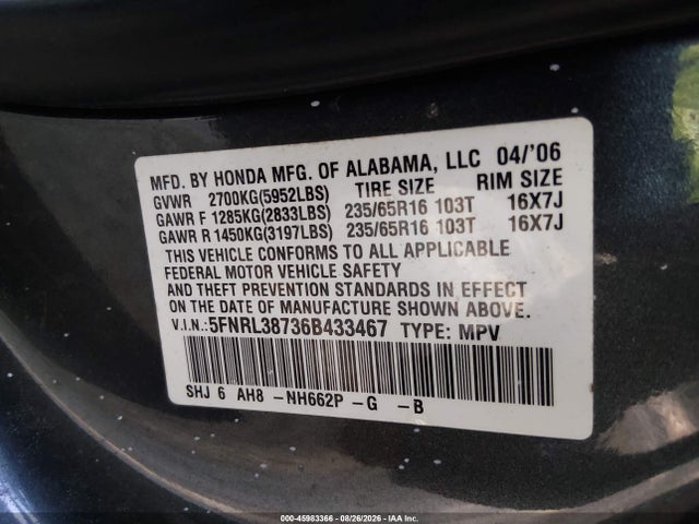 Продаж на аукціоні авто 2006 Honda Odyssey Ex-l, vin: 5FNRL38736B433467, номер лоту: 45983366